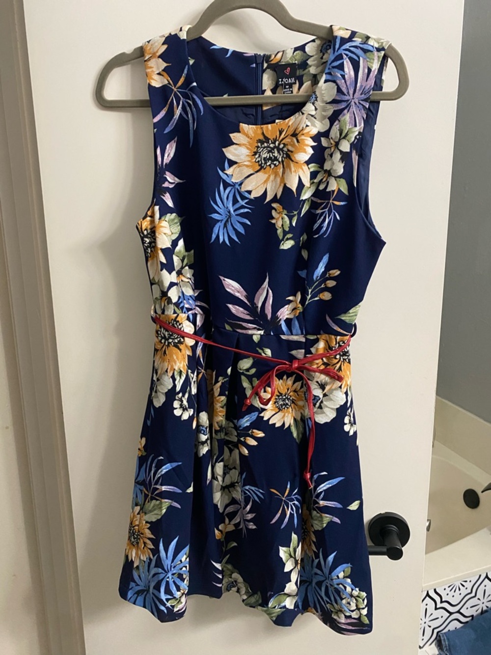 NWT IJOAH Navy Floral Sleeveless Fit & Flare Skater Lined Dress Red Belt Size M